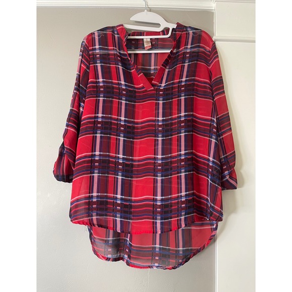 No Boundaries Tops - No Boundaries Womens Red Plaid Sheer Roll Tab Sleeve High Low Blouse Size M‎ 7-9
